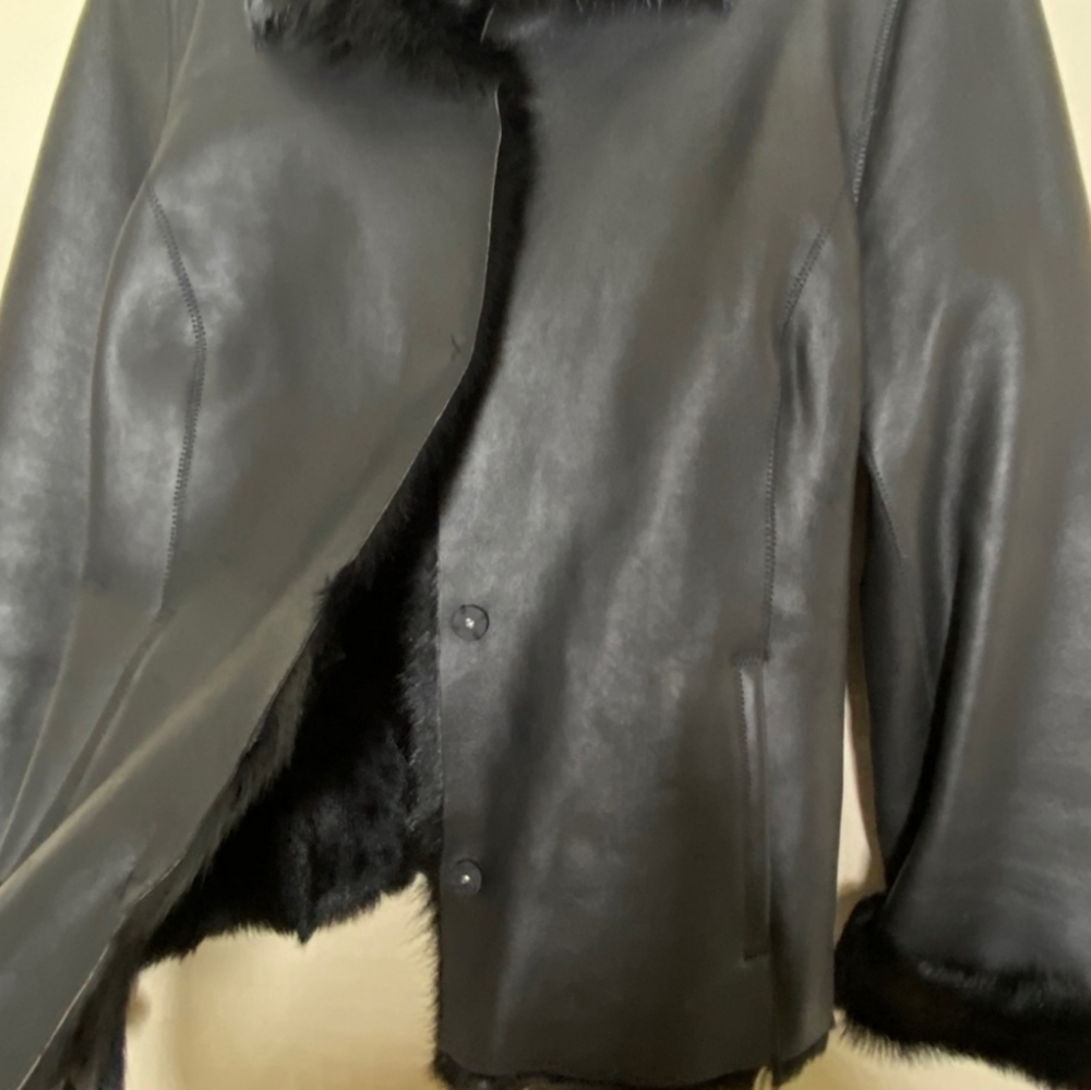 WORTH Coat soft Leather and Fur Black Jacket Small like new - Picture 6 of 11